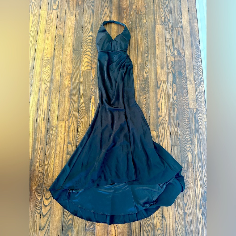 Glamour by NWT Couture Black Halter Dress Plunged Neck Slit Prom Size 2 Black